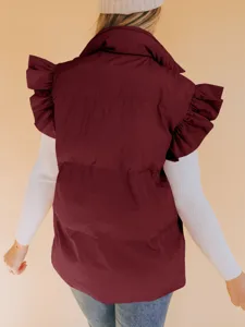 Back detail view of a stylish winter puffer vest featuring ruffled sleeves and stand collar.