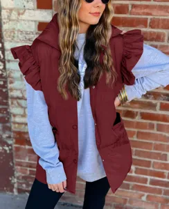 Women stylish sleeveless hooded puffer vest with ruffle shoulders and pockets for autumn winter.