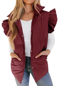 Women Autumn Winter Puffer Vest Ruffle Sleeve Stand Collar Button Down Casual Pocket Warm Gilet
