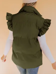 Detail shot of women casual olive green puffer vest with ruffled sleeves and stand collar style.