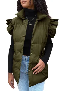 Detail view of the stylish army green padded vest featuring flutter sleeves and stand collar.