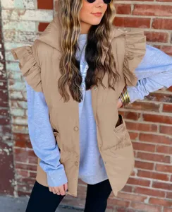 Women casual sleeveless puffer vest with ruffles, stand collar and pockets for autumn winter.