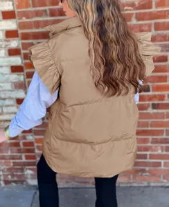 Casual women's winter puffer vest with ruffle sleeves, stand collar, warm quilted outerwear.