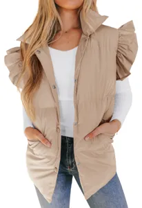 Women's casual stand collar puffer vest with cute flying sleeves and practical pockets.