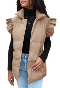 Fashionable autumn winter padded vest with ruffle sleeves, stand collar and chic buttons.