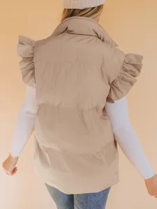 Beige puffer vest featuring stylish ruffle shoulders, stand collar, and a warm loose fit design.