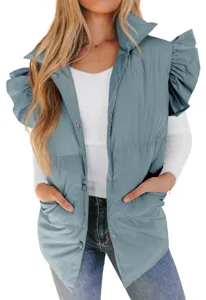Women fashion winter puffer vest stand collar ruffle sleeve casual outerwear detail view