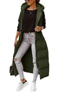 Women long hooded puffer vest stylish sleeveless winter zip gilet outerwear warm casual coat
