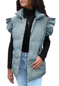 Women winter sleeveless puffer vest stylish stand collar ruffle shoulder casual outerwear