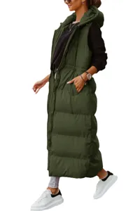 Women long hooded puffer vest winter casual sleeveless zip up gilet outerwear coat