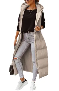 Women long hooded puffer vest casual winter sleeveless zip up outerwear coat top