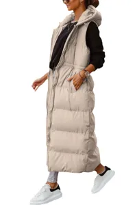 Detail view of long hooded beige puffer vest with zip and drawstring waist, casual winter wear.