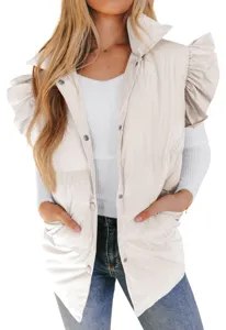 Details of women's chic ruffled shoulder padded vest, stand collar and snap buttons.