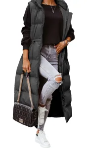 Detailed view of long hooded puffer vest with front zipper and adjustable drawstring for women.