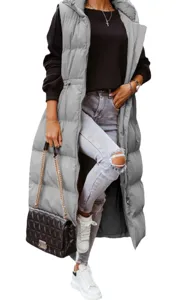 Long grey hooded puffer vest detail, featuring zipper and drawstring waist for women.