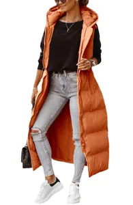 Long hooded orange puffer vest for women, slim fit winter outerwear with zipper and drawstring.