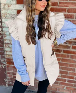 Women fashion casual padded vest with cute ruffle sleeves stand collar single breasted outerwear