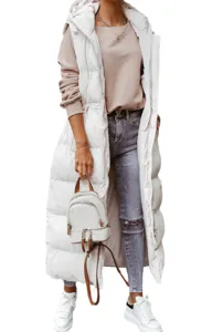 Women long hooded puffer vest casual winter sleeveless zip quilted gilet outerwear solid color