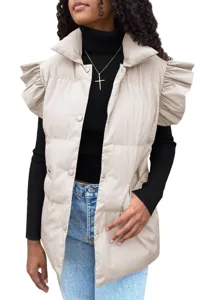 Close-up detail of the stylish beige puffer vest with ruffled shoulders and stand collar.