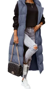 Long hooded puffer vest detail shot showing stylish drawstring design and slim silhouette.