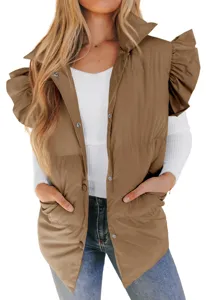 Detailed view of the stylish brown padded vest with ruffled sleeves, stand collar and buttons.