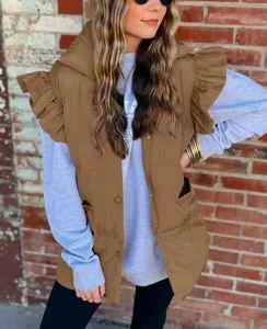 Autumn winter casual women brown sleeveless puffer vest with ruffled shoulders and pockets.