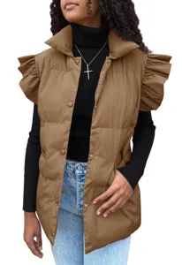 Women fall winter casual loose padded vest ruffle sleeve stand collar outerwear pocket chic