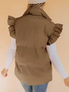Casual brown quilted vest with chic ruffle wings, stand collar, and cozy fit for daily wear.