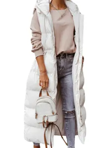 Women long hooded puffer vest winter warm sleeveless zip-up quilted gilet outerwear solid