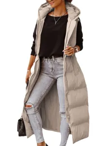 Women Long Hooded Puffer Vest Solid Color Zipper Drawstring Casual Winter Sleeveless Coat