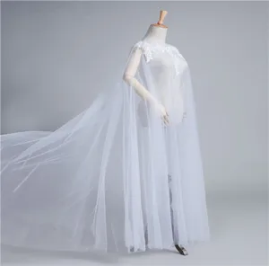 Elegant ivory white mesh lace applique long cape cloak, perfect for elegant wedding wear.