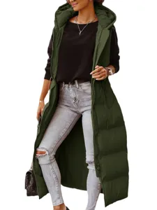 Women Long Hooded Puffer Vest Solid Color Zipper Drawstring Casual Winter Gilet Outwear