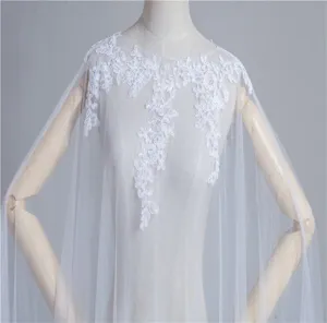 Ivory white mesh lace applique long cape cloak detail shot, elegant sheer design for women.