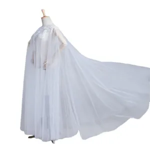 Elegant white mesh lace applique long cloak cape, pullover loose bridal wedding party gown.