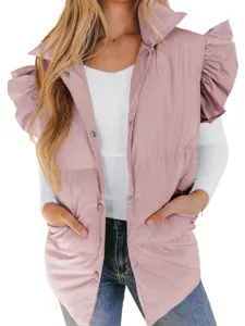 Women pink stand collar sleeveless puffer vest with cute flutter sleeves and pockets for autumn.