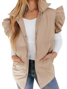 Women casual winter puffer vest with ruffle sleeves stand collar single breasted outerwear