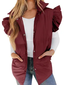 Women Casual Stand Collar Puffer Vest Ruffle Sleeve Button Down Winter Warm Outerwear