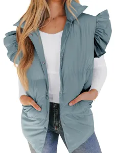 Womens stylish ruffled shoulder puffer vest casual single-breasted winter outerwear top