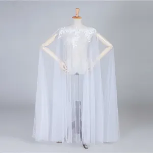 Women Elegant Tulle Lace Applique Long Cape Cloak Ivory White Pullover Loose Maxi Wedding Bridal Performance Accessories