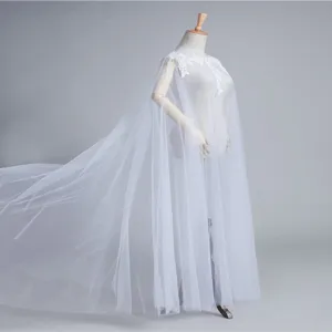 White tulle lace applique long cloak cape dress elegant flowing bridal party costume