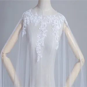 Elegant ivory white sheer mesh lace applique long cape cloak bridal wedding wrap shawl.