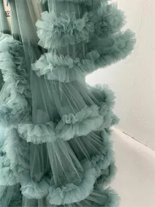 Sage green multi-layered tulle ruffle gown dress for maternity photography and stage wear
