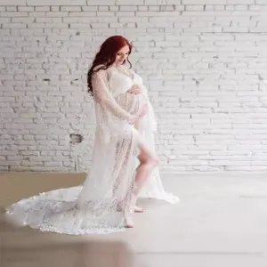 Women Sexy Deep V-Neck Long Sleeve Lace See-Through Maternity Trailing Dress Elegant Beach Cardigan Long Gown Photography