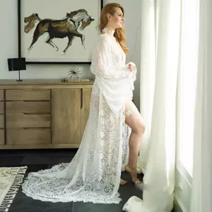 White lace sheer long sleeve train cape beach cardigan maternity long dress for women