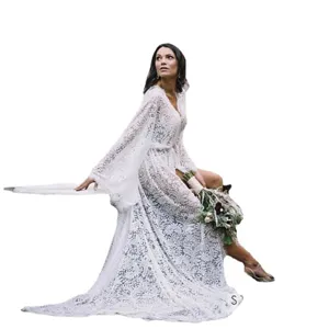 White sexy long sleeve lace sheer maternity beach maxi dress wedding bridal robe apparel.