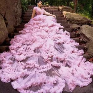 Elegant Deep V-Neck Ruffle Maternity Wedding Dress Long Train Mesh Tulle Photography Gown Women Special Occasion Evening Party Dress