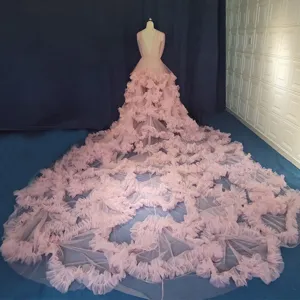 Stunning extra-long train ruffled tulle deep V wedding gown elegant evening dress for photo.