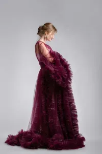 Long mesh ruffles maternity dress with deep V neck and elegant train for photography.