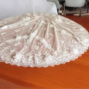 Wedding dress long train lace applique 3D flower bridal skirt accessory white elegant