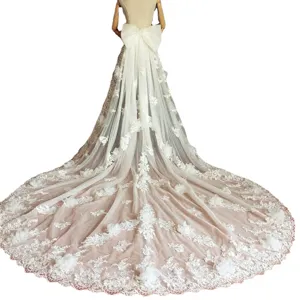 Detachable wedding dress long train with lace appliques big bow and 3D floral petals main